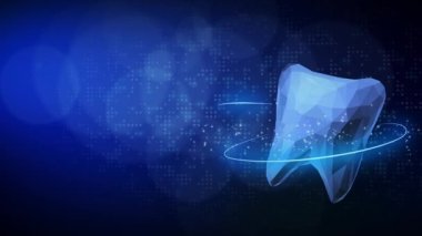 Dental protection of teeth. 3D tooth in polygonal style with circular glowing lines. Abstract medical looped blue background with dots.