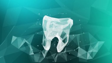 3D model of a tooth from polygonal lines and triangles. Dental green abstract background with glowing dots and lines. Looped. Wireframe low poly style banner.