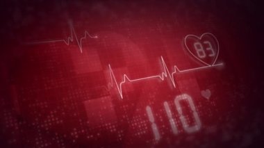 Monitor with electrocardiogram line heart. Heart rate indicators. Abstract looped animation on red background. Medical health care data.