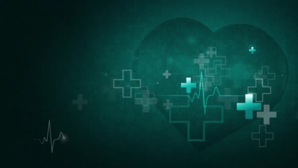 Animation Cardiogram Dark Green Abstract Background Beating Heart Shape Hospital — Vídeo de Stock
