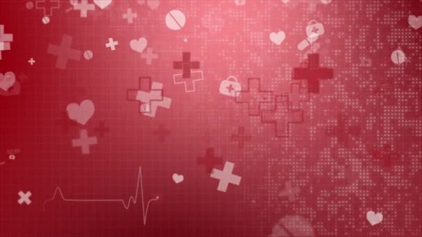 Falling Medical Symbols Red Abstract Background Chaotic Movement Healthcare Icons — Vídeo de Stock
