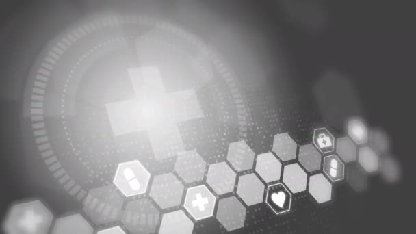 Hexagon Medical Icons Grey Animated Scientific Background Cross Symbol Health — Αρχείο Βίντεο