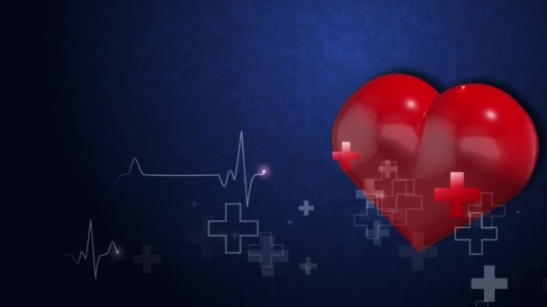医学の3Dハートシンボルである大きな赤い脈動 クロス 心臓グラフ 青いループの背景 コピースペース — ストック動画