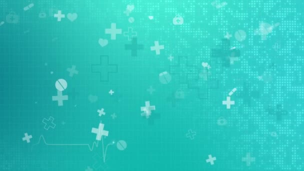 Abstraktní Geometrické Lékařské Symboly Kříže Pilulky Lékárničky Padají Zelené Nemocniční — Stock video