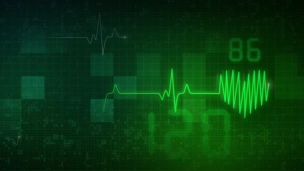 Cardiograma Batimento Cardíaco Fundo Verde Abstrato Com Indicadores Médicos Frequência — Vídeo de Stock