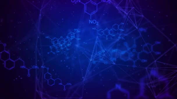 Fondo Azul Químico Abstracto Con Fórmulas Estructurales Moléculas Líneas Plexo — Vídeo de stock