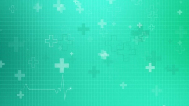 Πράσινο Ιατρικό Υπόβαθρο Πλέγμα Καρδιά Καρδιογράφημα Γραμμή Πετώντας Συν Σύμβολα — Αρχείο Βίντεο