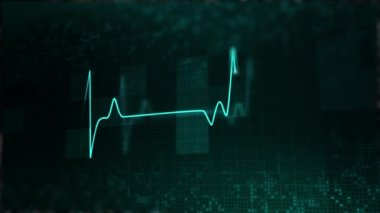 Parlak kalp atışı diyagramı olan koyu yeşil soyut tıbbi altyapısı. Elektrokardiyogramlı dijital monitör. Canlandırılmış döngü hareketli grafikler.