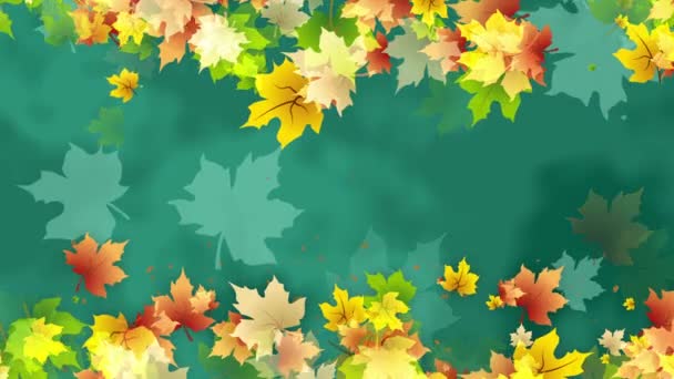 Анимированная Рама Осенними Цветными Листьями Художественный Зеленый Фон Цветочным Дизайном — стоковое видео