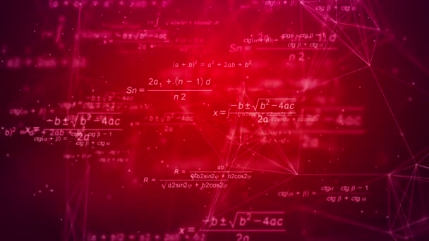Glowing Mathematical Formulas Equations Flying Red Abstract Background Plexus Lines — Stock Video