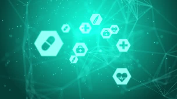 ヘルスケアアイコンとプレキサスラインを備えた緑の医療背景 小型飛行粒子 アニメーション — ストック動画