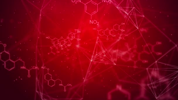 Kırmızı Soyut Arkaplanda Pleksus Çizgileri Olan Yapısal Kimyasal Formüllerin Animasyonu — Stok video