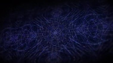 Parlak neon noktalı karanlık bir arka plan. Döngülü simetrik kaleydoskopik animasyon. Tekrarlanan geometrik yapı.