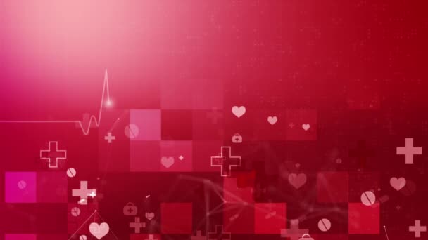 Rote Abstrakte Gesundheitshintergründe Mit Medizinischen Symbolen Blöcken Kardiogramm Des Herzens — Stockvideo