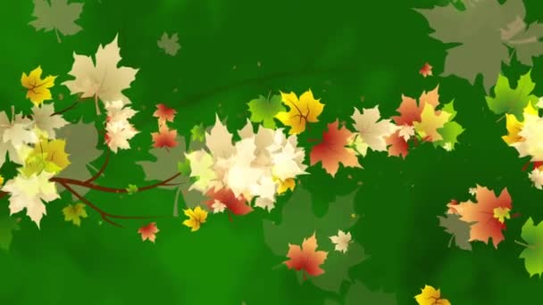 Barevné Javorové Listy Poletují Chaoticky Větru Podzimní Animace Zeleném Abstraktním — Stock video