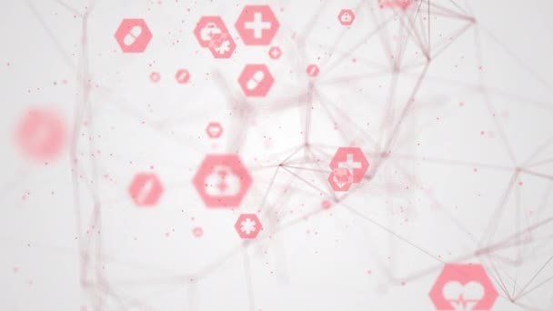 Fundo Geométrico Abstrato Com Ícones Médicos Vermelhos Linhas Pexo Partículas — Vídeo de Stock