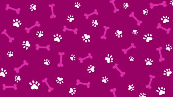 有趣的动物粉色背景与骨头和狗爪的指纹 重复动物模型 循环平面动画 — 图库视频影像