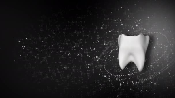 三维白牙在带有发光粒子的黑色背景上旋转的模型 环状假牙动画 — 图库视频影像