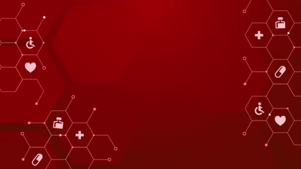 Иллюстрированные Анимированные Медицинские Иконы Сетке Шестиугольников Красном Фоне Циклическая Графика — стоковое видео