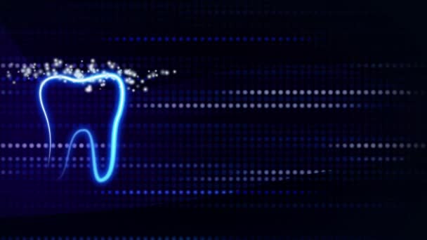 亮晶晶的霓虹灯牙齿图标 动画牙齿蓝色背景与微小的颗粒和线二极管像素 循环运动图形 复制空间 — 图库视频影像