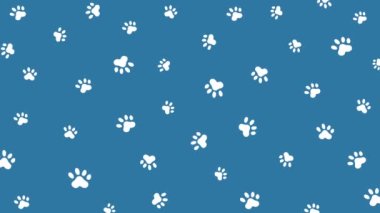 Pençesiz hayvan deseni, köpek ya da kedi ayak izi dokusu, hayvan arka planı, grunge pulu tekrar. Mavi arkaplanda çizgi film döngüsü canlandırması.