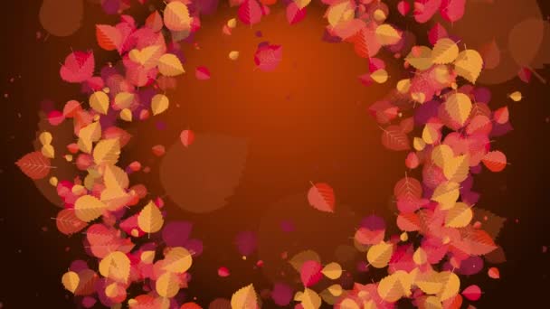 秋のラウンドフレーム 黄色と赤い落ちた木の葉から作られたリース ダークバック スペースをコピーする ループモーショングラフィックス — ストック動画