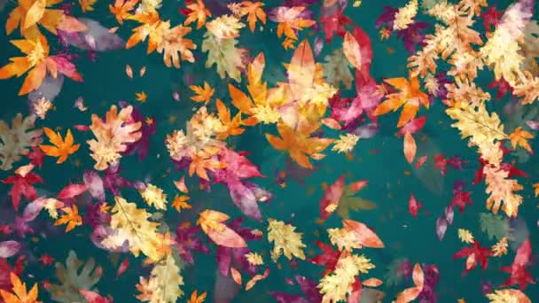 다채로운 나뭇잎의 움직임이 떨어지고 파란색 배경에 소용돌이 추상적인 손으로 그래픽 — 비디오