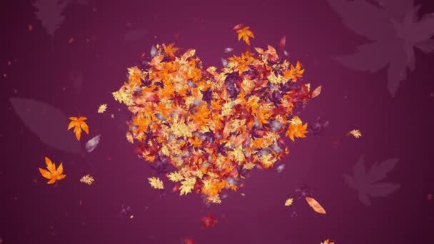 Fallen Yellow Autumn Leaves Shape Heart Symbol Love Seasonal Purple — Stock Video