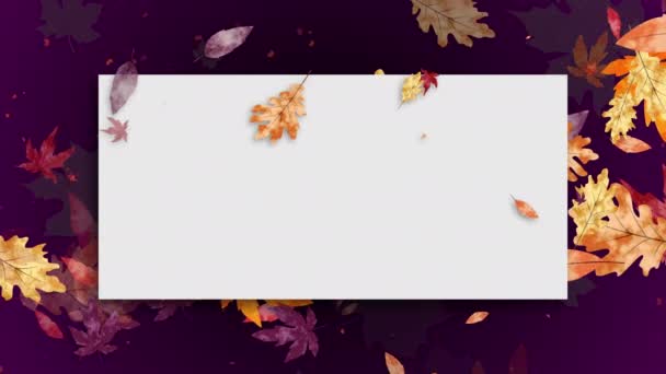 紫色的抽象背景 秋天的黄叶在风中摇曳 生动活泼的叶子 白色长方形框架的文字 复制空间 循环运动图形 — 图库视频影像