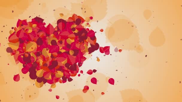 Gelbe Grußkarte Hintergrund Mit Fliegendem Herbstlaub Animiertes Rotes Herz Mit — Stockvideo