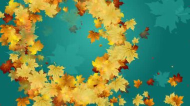 Güzel sarı ve kahverengi akçaağaç yapraklarından oluşan yuvarlak sonbahar çerçevesi soyut bir turkuaz arka fonun üzerine düşüyor. Uzayı kopyala Döngülü canlandırma.