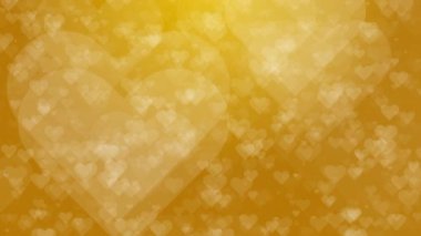 Uçan kalpler ve güzel bokeh ile altın bulanık arka plan. Sarı romantik döngü hareketi grafikleri.