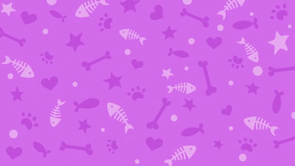 Animowany Wzór Kośćmi Rybami Sercem Ikonami Łapy Różowym Tle Grafika — Wideo stockowe