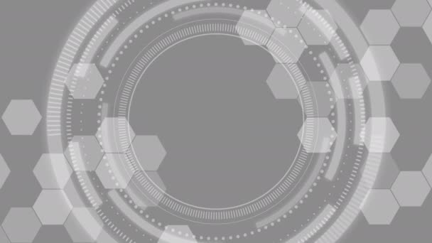 Цифровой Технологический Серый Фон Сеткой Мигающих Шестиугольников Круглым Элементом Hud — стоковое видео