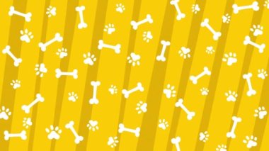 Kemik ve pençe izleriyle dolu parlak sarı köpek zoolojik animasyon arka planı. Döngülü hareket grafikleri. Boşluğu kopyala.