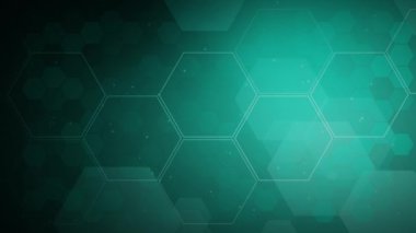 Animasyon altıgen desenli fütüristik koyu yeşil arka plan. Uçan parçacıklarla bilim konsepti. Döngülü canlandırma.