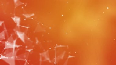 Ağ çokgenli soyut pleksus arkaplanı. Turuncu dijital bilim afişi. Ağ bağlantısı efekti. Geometrik üçgen elementleri. Döngü hareketi grafiği.