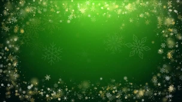 Vánoční Zlaté Sněhové Vločky Rám Světly Lesk Částice Zeleném Pozadí — Stock video