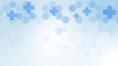 Metin için alanı olan ekran koruyucu. Beyaz arka planda altıgen ızgarası olan mavi tıbbi haçlar. Döngülü canlandırma.