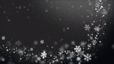 Koyu siyah zemin, kar yağışı ve beyaz kar taneleri ve parçacıklardan oluşan kavisli çerçeve. Kış Noel kutlaması ekran koruyucu. Döngülü grafikler. Boşluğu kopyala.