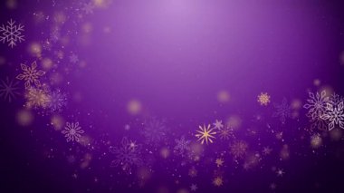 Altın kar taneleri ve mor zemininde toz olan kavisli bir çerçeve. Uzayı kopyala Noel Yılbaşı Canlandırması.