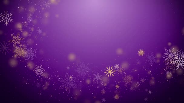 紫色の背景にゴールデンスノーフレークとほこりで曲げられたフレーム スペースをコピーする クリスマス新年ループアニメーション — ストック動画