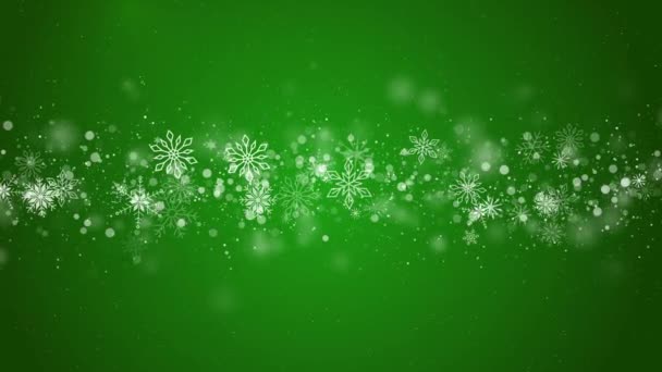 Fondo Verde Navideño Con Copos Nieve Blancos Partículas Borrosas Animación — Vídeo de stock