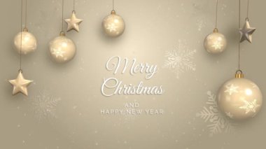 Mutlu noeller ve yeni yıl metin animasyonları bej arka planda ve şenlikli 3 boyutlu dekorasyonlarla. Parlak parçacıklar. Döngülü hareket grafikleri.