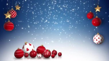 Noel mavi arka planı, yağan kar ve iplerde kırmızı toplar. Uzayı kopyala Şenlikli yeni yıl döngü animasyonu.