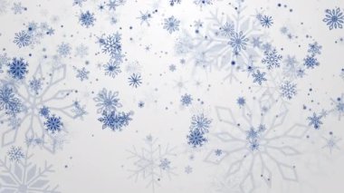 Pürüzsüz kış beyazı arka plan ve mavi kar taneleri. Rastgele düşen kar taneleri duvar kağıtlarını yok eder. Döngü hareketi grafiği.