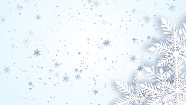 紙は落下する雪粒子で装飾的な白い雪片を切りました 白い背景を持つループウィンターアニメーションスクリーンセーバー — ストック動画