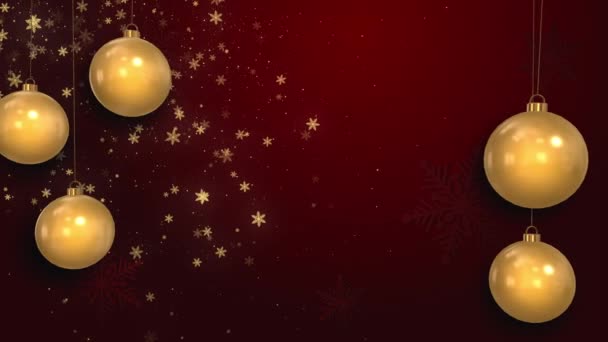 Geanimeerde Gouden Kerstballen Met Sneeuwvlokken Glanzende Deeltjes Een Rode Achtergrond — Stockvideo