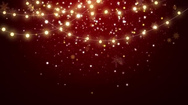 Bloemenslingers Nieuwjaarsversieringen Kerstmis Gloeiende Lichten Met Glanzende Vonken Rode Achtergrond — Stockvideo