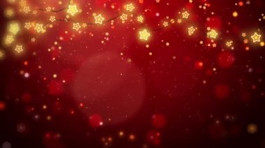 Sarı ışık, ışıltı ve parçacıklarla parıldayan yeni yıl tatili çelenkleri. Bokeh 'le Noel süslemeleri. Kırmızı arkaplanda döngülü canlandırma.